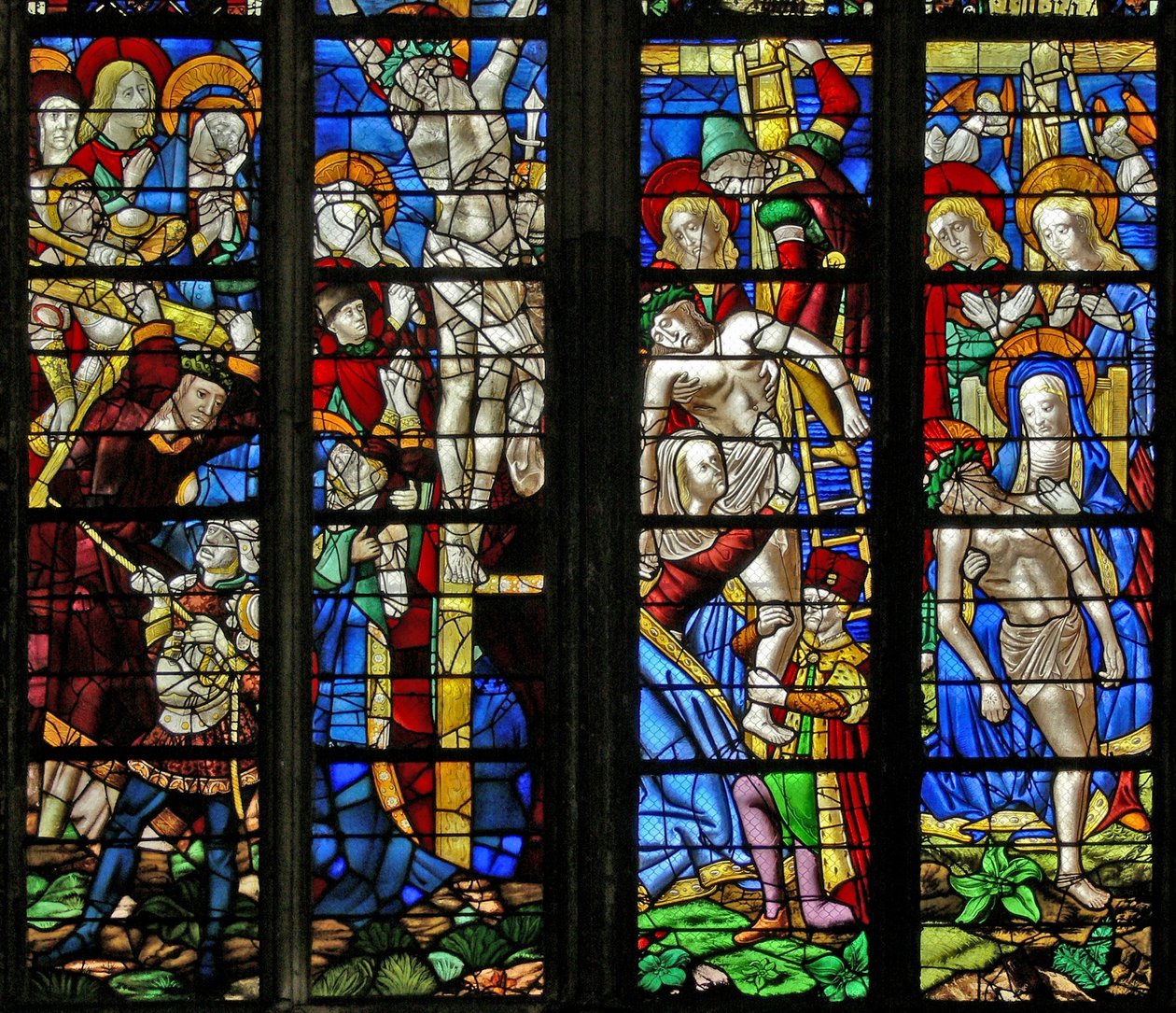 विंडो w51 में Via Crucis, Crucifixion, Deposition और Pieta को दर्शाया गया है द्वारा फ्रेंच स्कूल