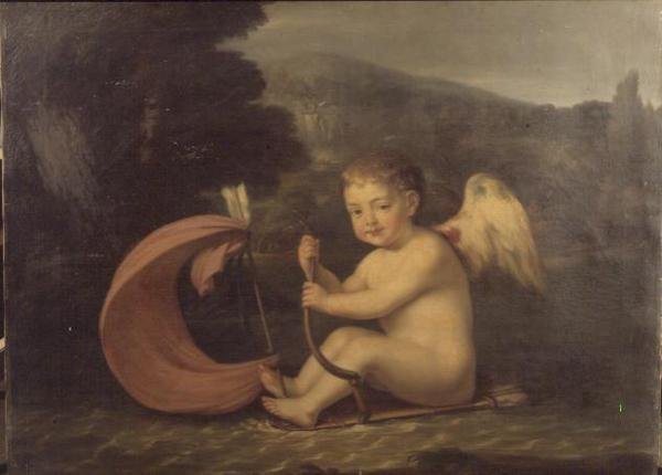 पंखों वाला कामदेव, तरकश पतवार और तीर मस्तूल के साथ एक नाव नौकायन, c.1800 द्वारा फ्रेंच स्कूल