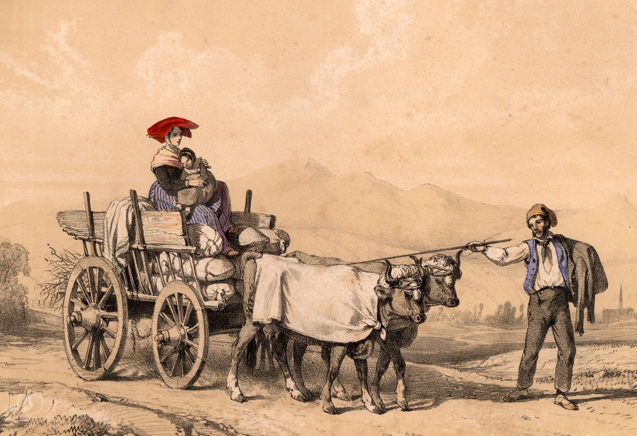 बोरियों से भरी गाड़ी पर सवार पारंपरिक पोशाक में महिला और बच्चा, c.1840 द्वारा फ्रेंच स्कूल