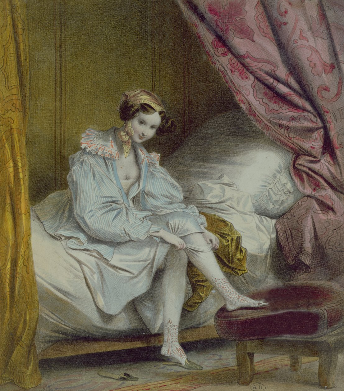 स्टॉकिंग पर डालती महिला, c.1830 द्वारा फ्रेंच स्कूल