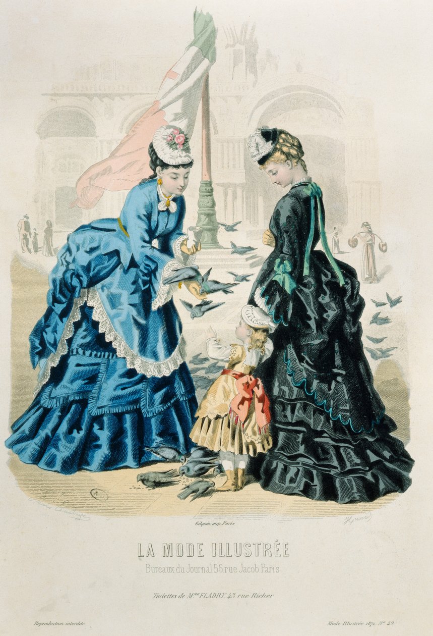 महिलाओं और एक बच्चे को कबूतरों को खिलाने के लिए, ला मोड इलस्ट्रेशन, 1872 से द्वारा फ्रेंच स्कूल