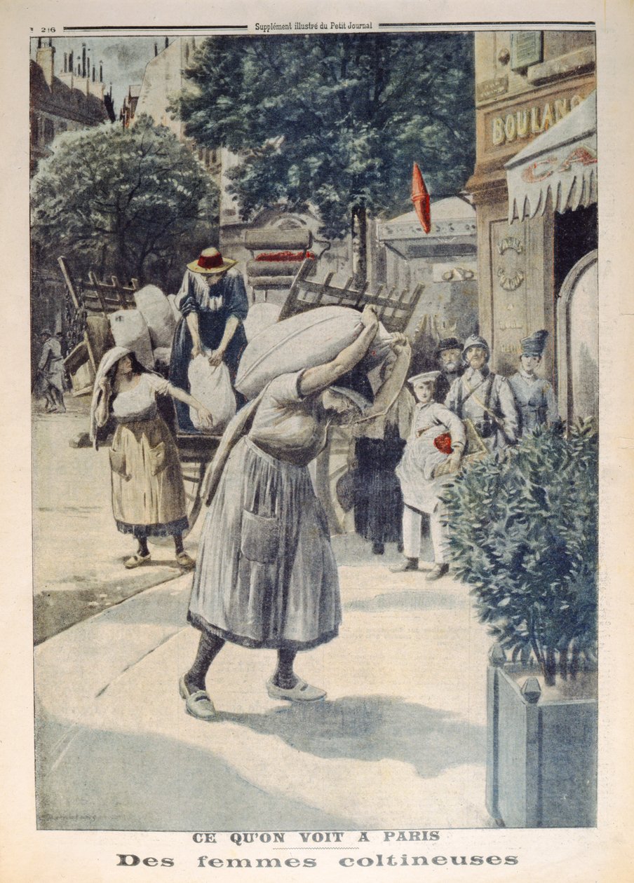 पेरिस में प्रथम विश्व युद्ध के दौरान आटे की बोरियां ले जाती महिलाएं, ले पेटिट जर्नल से चित्रण, 8 जुलाई 1917 द्वारा फ्रेंच स्कूल