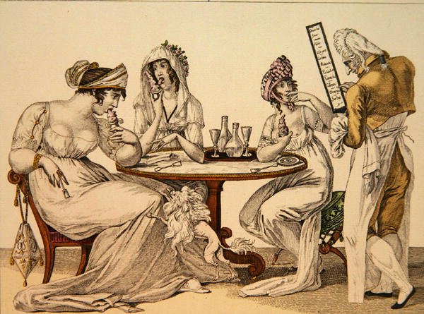 आइसक्रीम पार्लर में महिलाएं, 'ले बॉन शैली' से प्लेट 4, c.1810 (रंग उत्कीर्णन) द्वारा फ्रेंच स्कूल
