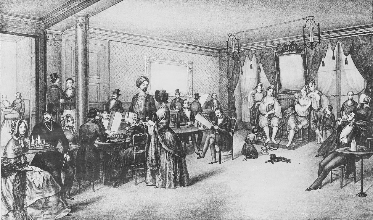 पेरिस कैफे में अल्जीयर्स की महिलाएं, c.1860 (उत्कीर्णन) द्वारा फ्रेंच स्कूल
