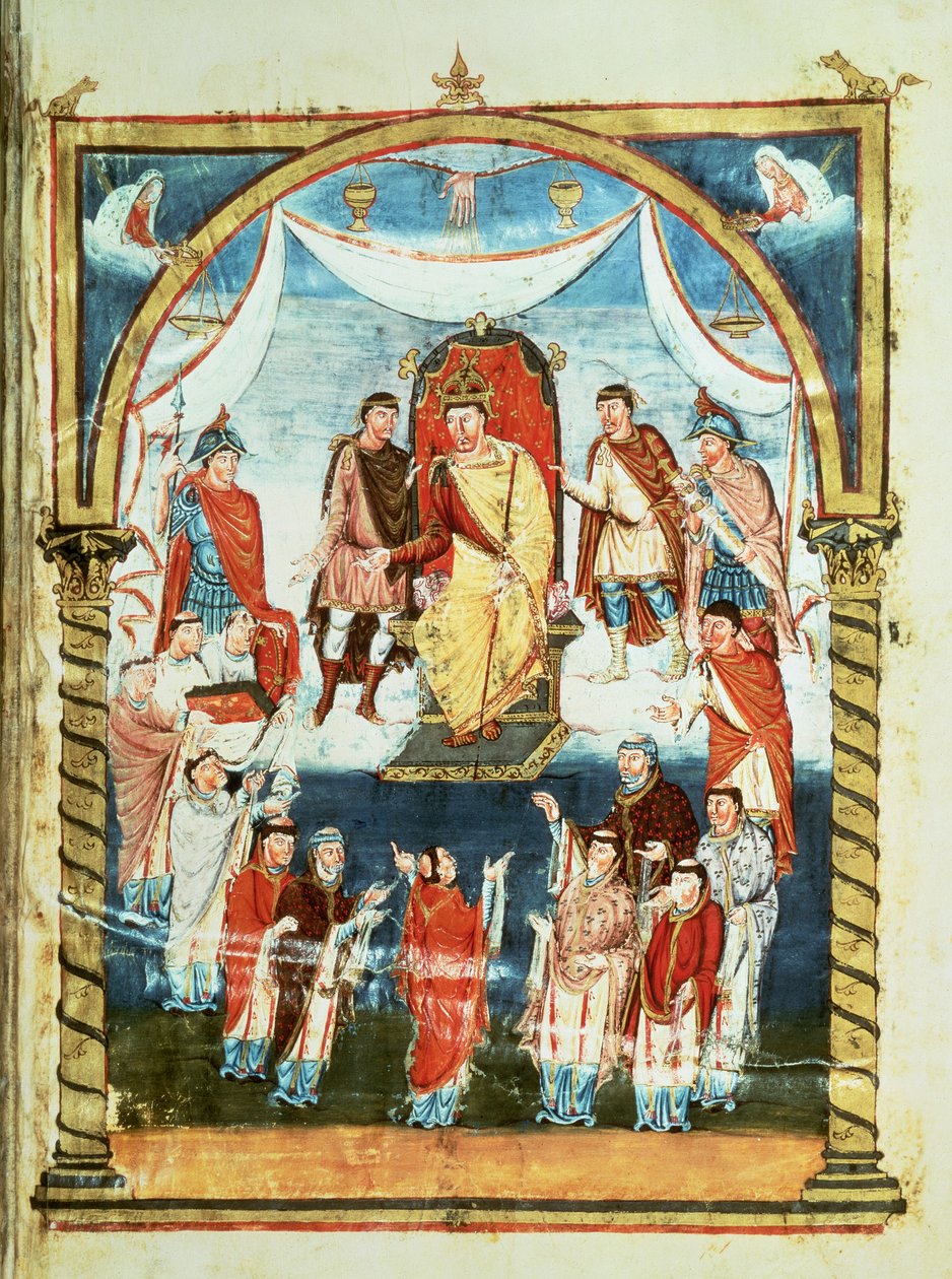 ds Lat 1 fol.423r राजा चार्ल्स II काउंट विवियन और सेंट-मार्टिन डे टूर्स के भिक्षुओं से एक बाइबिल प्राप्त करते हुए, चार्ल्स बाल्ड की पहली बाइबिल से c.843-51 द्वारा फ्रेंच स्कूल