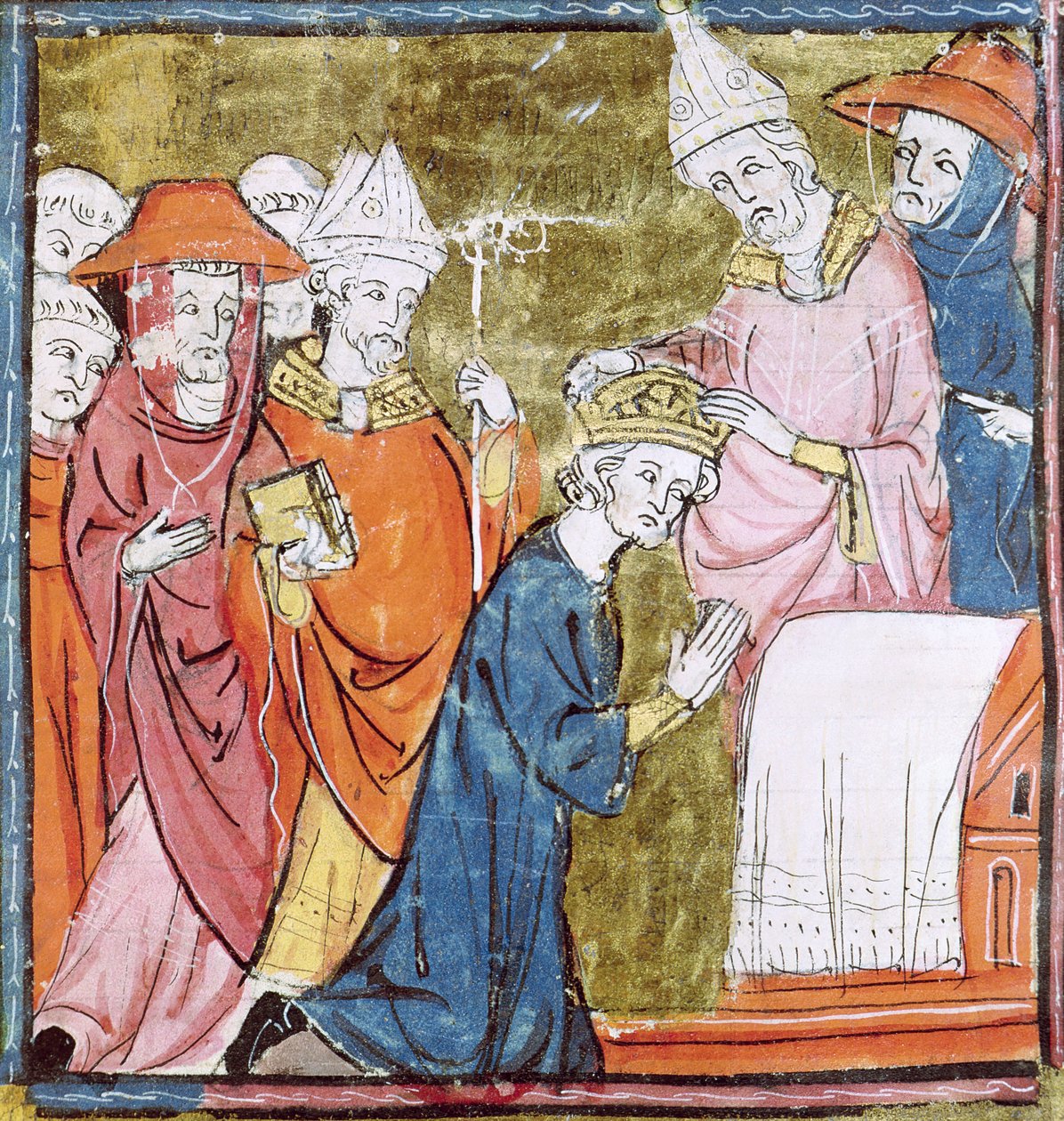 f.106r पोप लियो III (c.750-816) द्वारा सम्राट शारलेमेन (742-814) का राज्याभिषेक सेंट पीटर्स, रोम में 800 में, ग्रैंड्स क्रॉनिकल्स डी फ्रांस, 1375-79 द्वारा फ्रेंच स्कूल