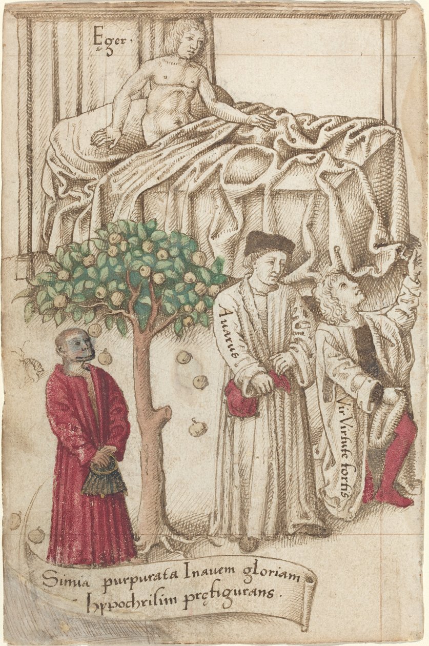 एक बीमार आदमी, एक अच्छे आदमी और एक कंजूस के साथ बैंगनी रंग का एक वानर [fol। 36 छंद] द्वारा 16वीं सदी की शुरुआत में फ्रेंच