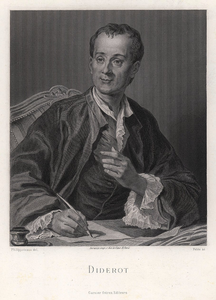 लेखक, निबंधकार और दार्शनिक डेनिस डिडरॉट का चित्र 1713-1784, 18वीं शताब्दी के मध्य में द्वारा फ्रेंच मास्टर।