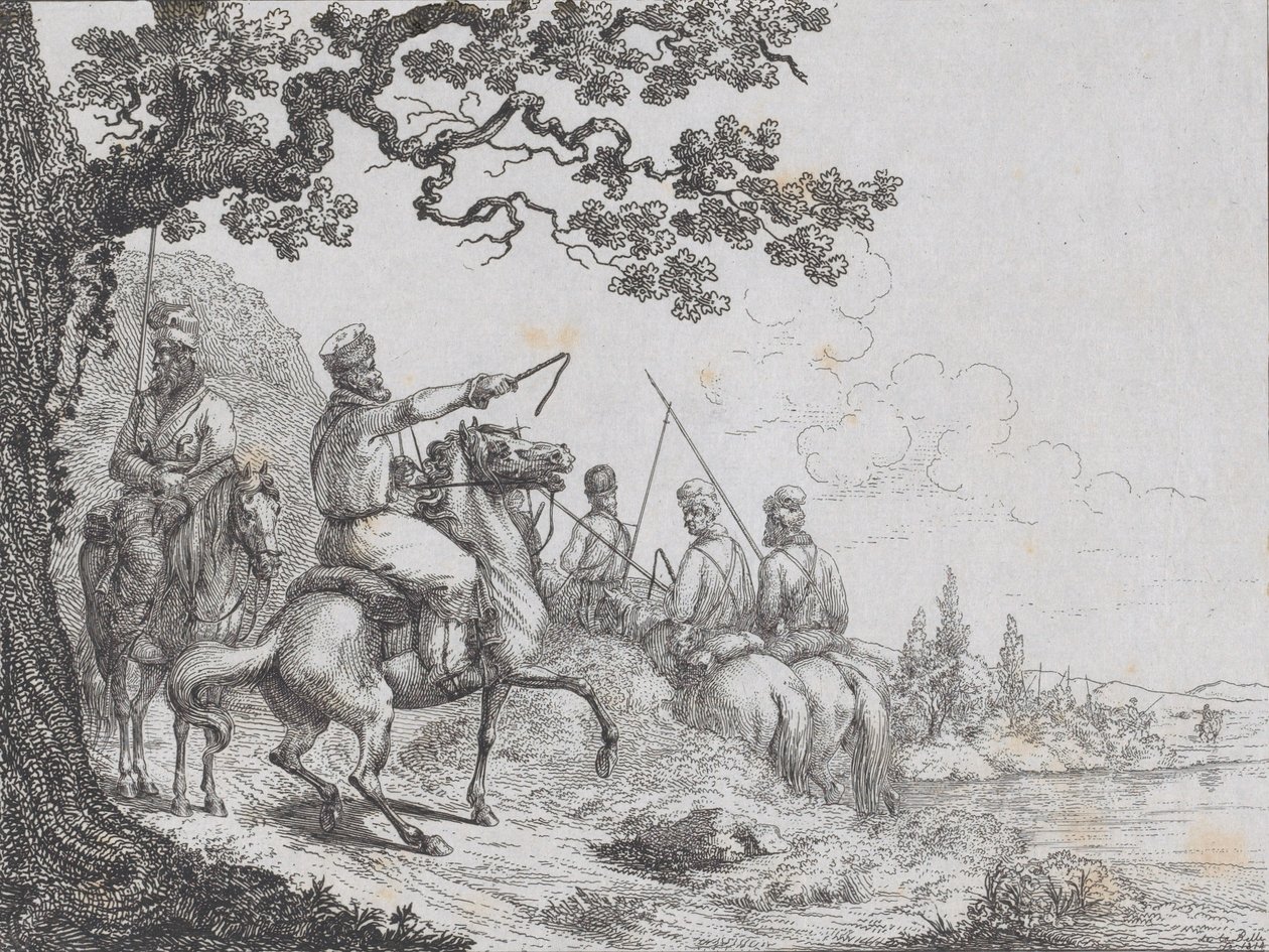 1814 में एक नदी के किनारे सवारी करने वाले कज़ाक। द्वारा फ़्रेडरिक ऑगस्ट डे ला बेले