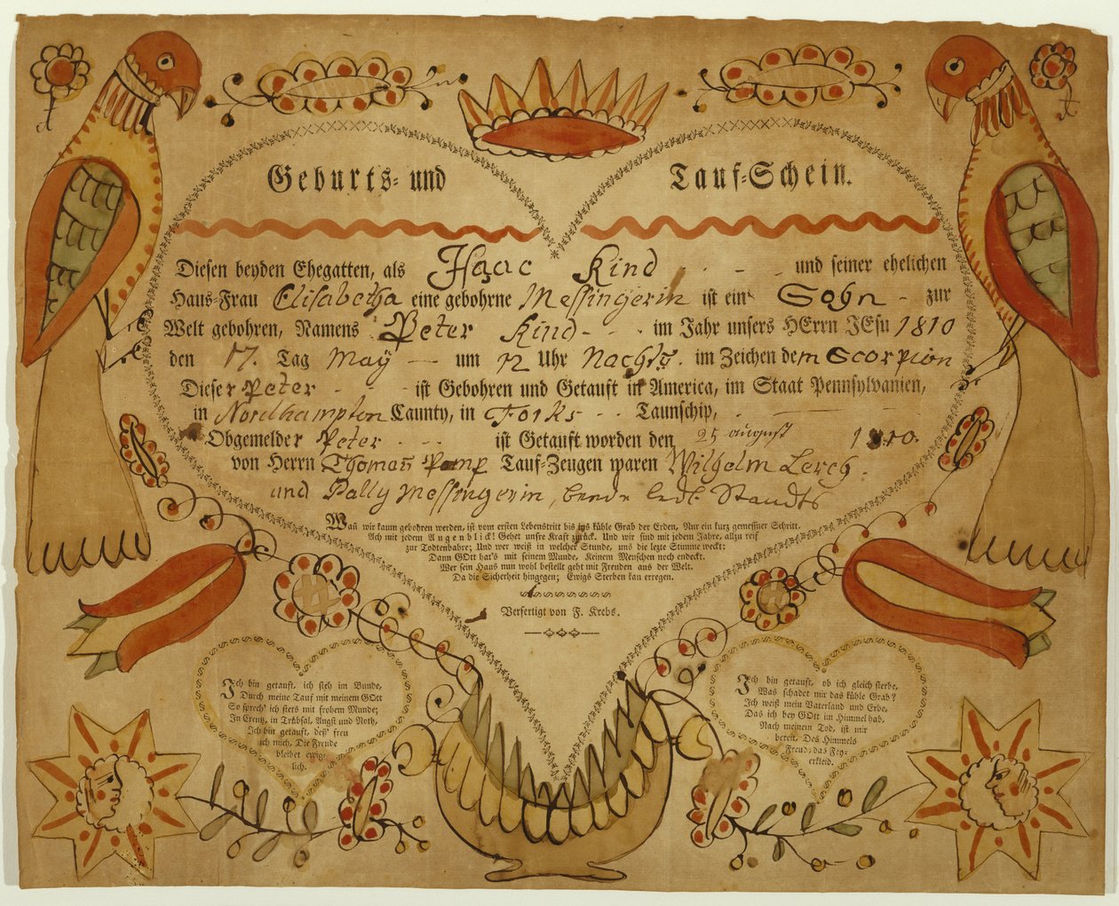 जन्म और बपतिस्मा प्रमाणपत्र, सी। 1790-1800 (ऑक्सगैल स्याही, वॉटरकलर, और रखी कागज पर उत्कीर्णन) द्वारा फ्रेडरिक क्रेब्स