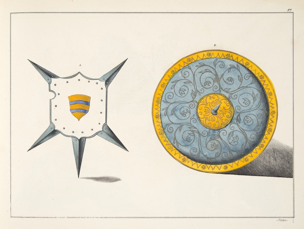 शील्ड, 1842 में डॉ। फ्रांज कॉटनकैम्प द्वारा प्रकाशित &39;ए हिस्ट्री ऑफ द डेवलपमेंट एंड कस्टम्स ऑफ कस्टम्स ऑफ चिवेरी&39; से प्लेट द्वारा फ्रेडरिक मार्टिन वॉन रिबिस्क