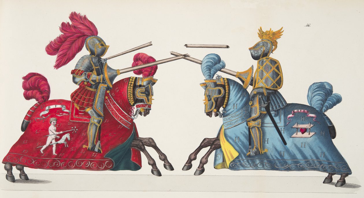 एक टूर्नामेंट में दो शूरवीरों, &39;ए हिस्ट्री ऑफ द डेवलपमेंट एंड कस्टम्स ऑफ कस्टम्स ऑफ चिव्रीरी&39; से प्लेट, कार्ल फ्रॉफमैन द्वारा प्रकाशित डॉ। फ्रांज कोटनकैम्प, 1842 द्वारा फ्रेडरिक मार्टिन वॉन रिबिस्क