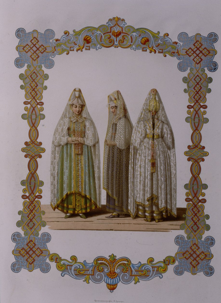 Torzhok से Maidens की वेशभूषा रूसी राज्य की श्रृंखला वस्त्र, 1851 से द्वारा फ्योडोर ग्रिगोरीविच सोलेंटसेव