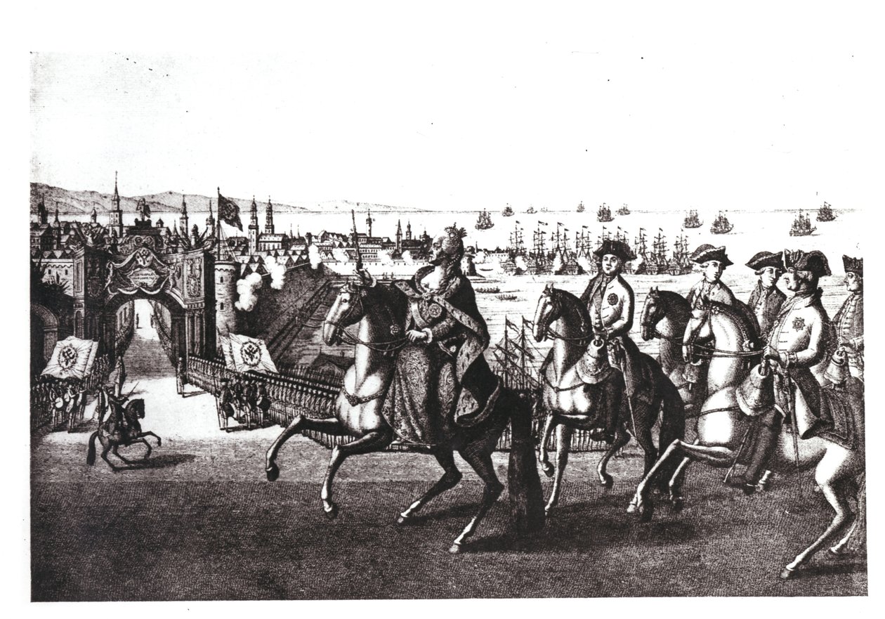 कैथरीन द्वितीय (1729-96) द ग्रेट, क्रीमिया में बंदरगाहों में से एक में सवारी करके तुर्क से कब्जा कर लिया द्वारा जी। बाल्टाजार