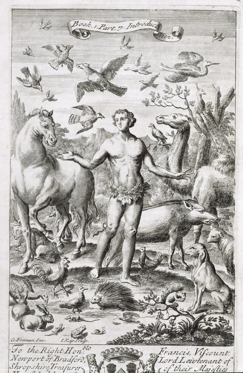 आदम इन पैराडाइज विद द एनिमल, एंथनी ले ग्रांड द्वारा &39;द प्रिंसिपल्स ऑफ फिलॉसफी&39; की पुस्तक 1 भाग 7 की शुरूआत का चित्रण, जोहानस किप (165253-1722), 1694 द्वारा उत्कीर्ण द्वारा जी फ्रीमैन