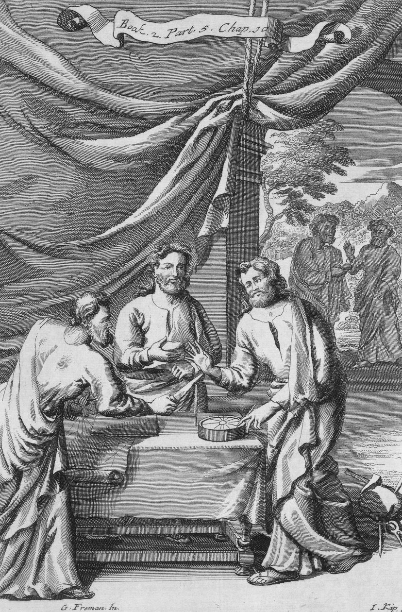कार्टोग्राफर्स के बीच एक तर्क, जोहान्स किप (165353-1722), 1694 द्वारा उत्कीर्ण पुस्तक &39;द प्रिंसिपल्स ऑफ फिलॉसफी&39; का पुस्तक भाग 2 अध्याय 10 से चित्रण द्वारा जी फ्रीमैन