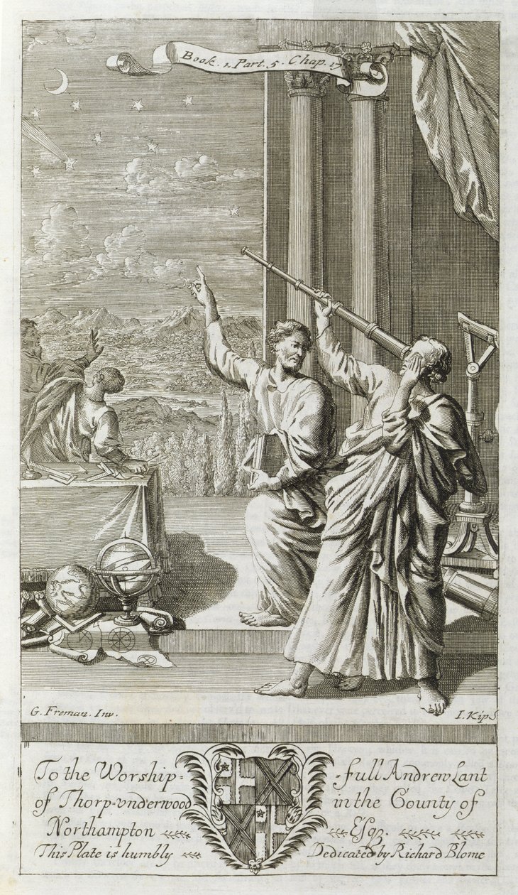 ग्रीक एस्ट्रोनॉमर स्टार्स का अध्ययन, एंथनी ले ग्रांड द्वारा &39;द प्रिंसिपल्स ऑफ फिलॉसफी&39; के बुक 1 भाग 5 अध्याय 17 से चित्रण, जोहानस किप (16523-1722), 1694 द्वारा उत्कीर्ण द्वारा जी फ्रीमैन