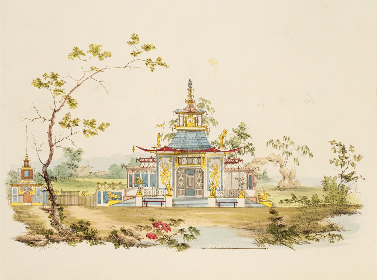 एक चीनी मंदिर के लिए डिजाइन, c.1810 (कागज पर पेन und स्याही और wc) द्वारा जी। लंडी