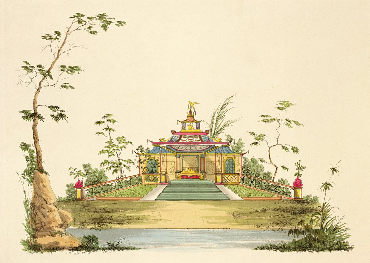 एक चीनी मंदिर के लिए डिजाइन, c.1810 (कागज पर पेन und स्याही और wc) द्वारा जी। लंडी
