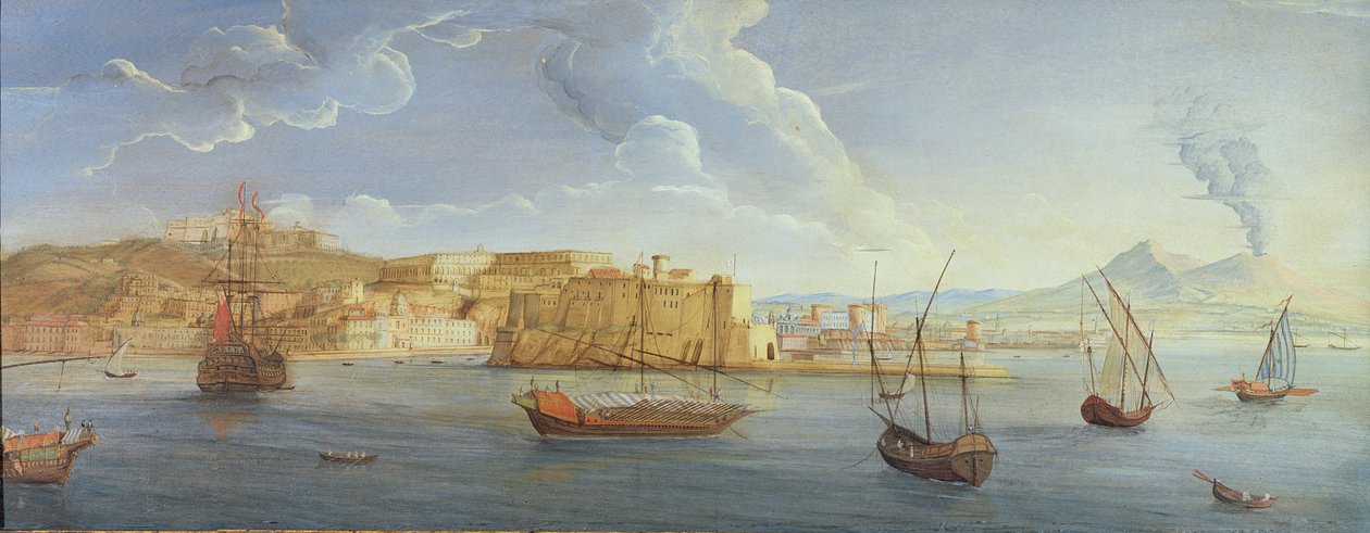 बैकग्राउंड में Castel dell&39;Ovo और Vesuvius के साथ नेपल्स का दृश्य (वेल्लम पर गौचे) द्वारा गैस्पर वान विटेल
