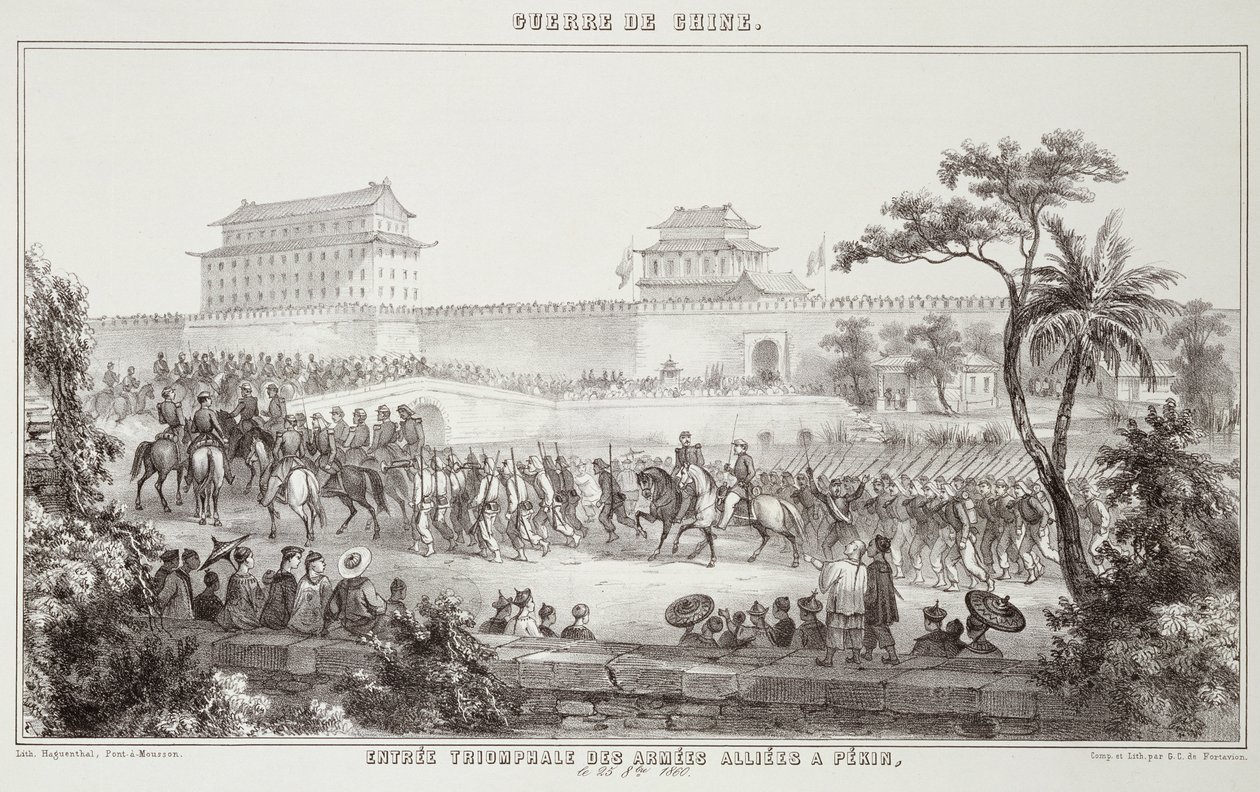 पेकिंग में मित्र देशों की सेनाओं की विजयी प्रविष्टि, 25 अक्टूबर 1860, द वॉर इन चाइना, 1862 द्वारा जीसी डे फोर्टेवियन