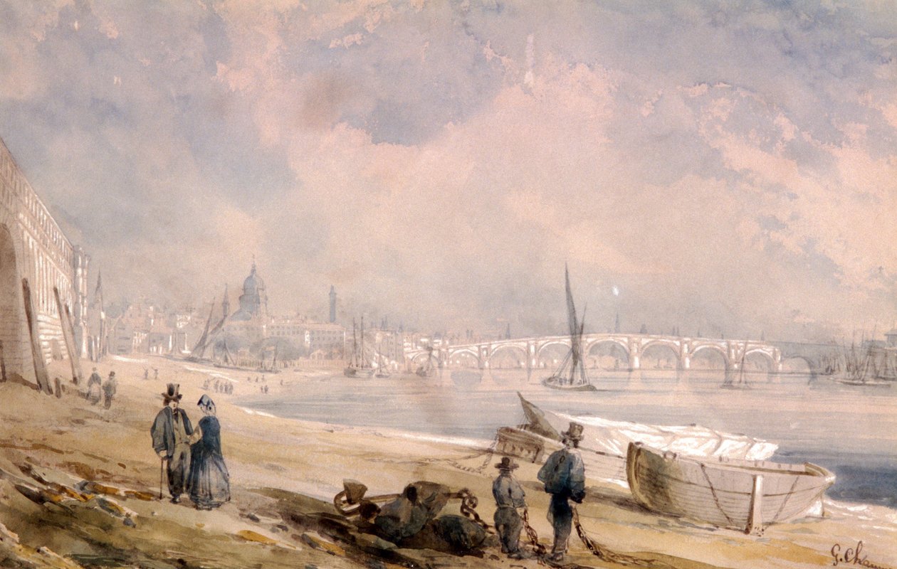 कम ज्वार पर थेम्स और ब्लैकफ्रायर्स ब्रिज, लंदन, 1847 द्वारा जी चौमोंटे