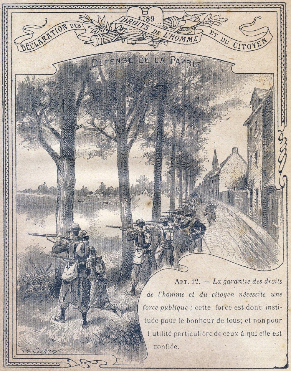 1789: मनुष्य और नागरिक के अधिकारों की घोषणा: पितृभूमि की रक्षा। में उत्कीर्णन "नैतिकता और नागरिक शिक्षा की अनूठी पुस्तक, प्राथमिक विद्यालय के तीन पाठ्यक्रमों और लाइसी और कॉलेजों की प्राथमिक कक्षाओं के छात्रों के लिए अभिप्रेत है, डी द्वारा जी। दासचर