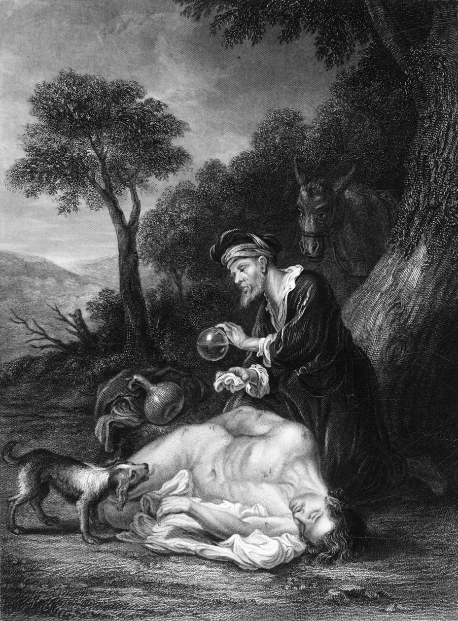 उन्होंने अपने घावों को बांध दिया, तेल और शराब में डालना, c1830s। द्वारा जीएच एडकॉक