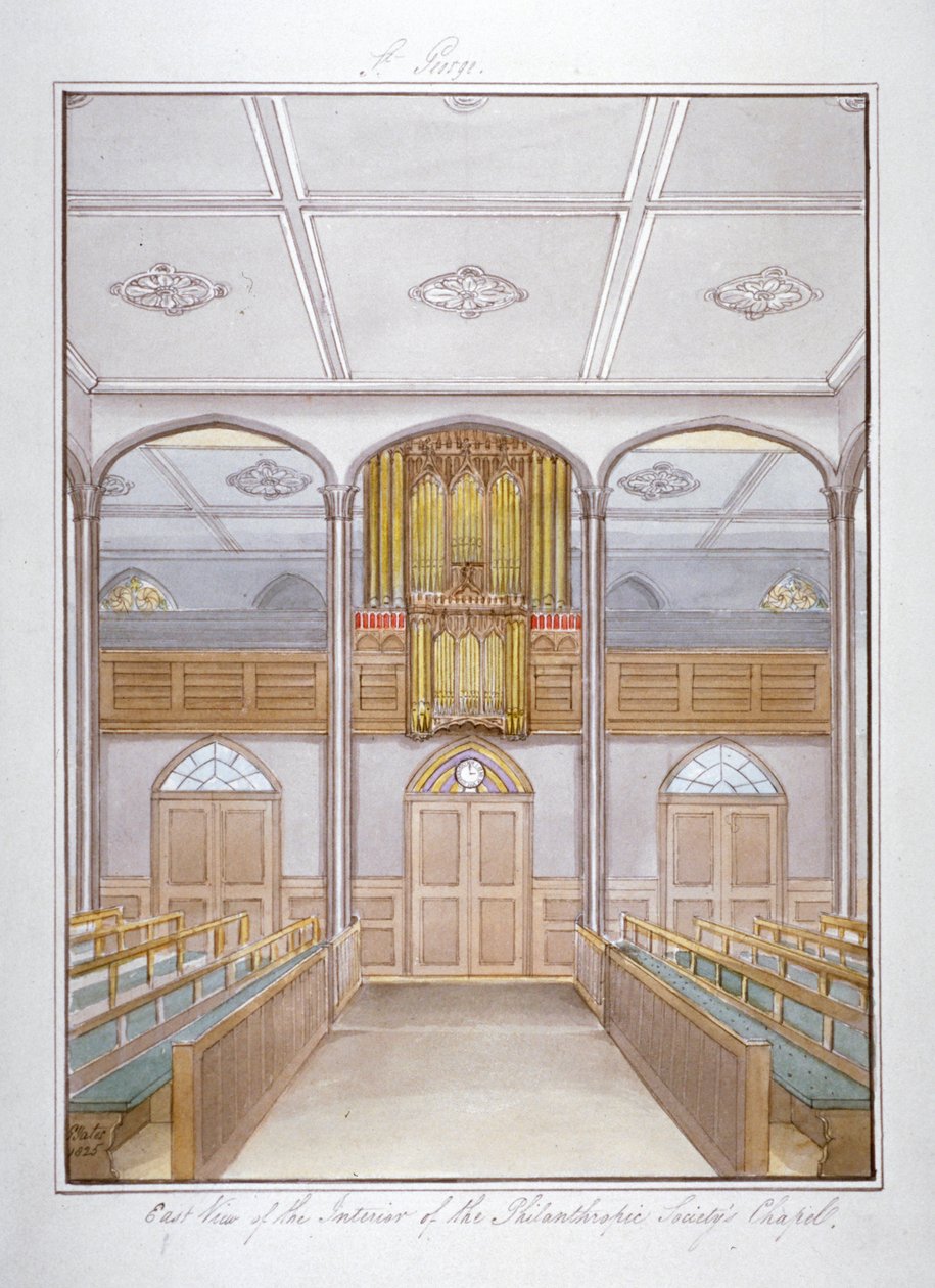 लंदन रोड, साउथवार्क, लंदन, 1825 में फिलैंथ्रोपिक सोसाइटी इंस्टीट्यूशन में चैपल द्वारा जी येट्स