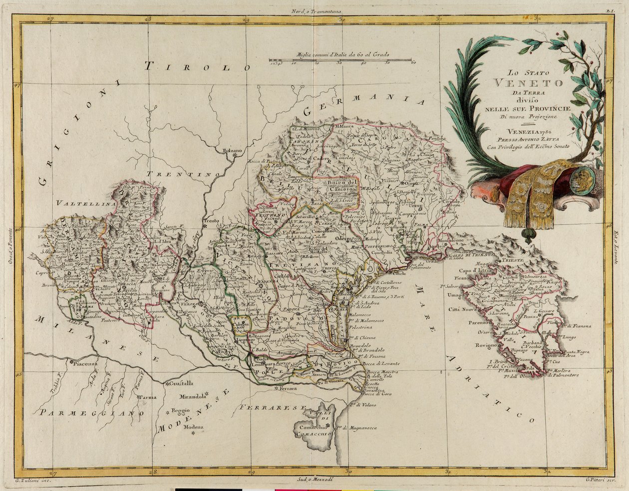 वेनेटो राज्य का भूमि क्षेत्र, इसके प्रांतों में विभाजित, जी. ज़ुलियानी द्वारा उत्कीर्ण, "नवीनतम एटलस" के टोम II से लिया गया, जो 1782 में वेनिस में एंटोनियो ज़ट्टा द्वारा प्रकाशित किया गया था, निजी संग्रह द्वारा जी। जुलियानी