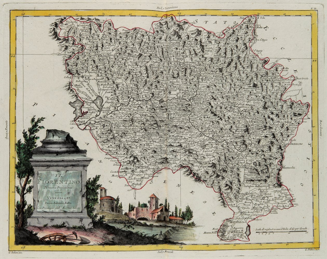 फ्लोरेंस का क्षेत्र, जी. ज़ुलियानी द्वारा उत्कीर्ण "नवीनतम एटलस" के टोम II से लिया गया, जो 1783 में वेनिस में एंटोनियो ज़ट्टा द्वारा प्रकाशित किया गया था, निजी संग्रह द्वारा जी। जुलियानी