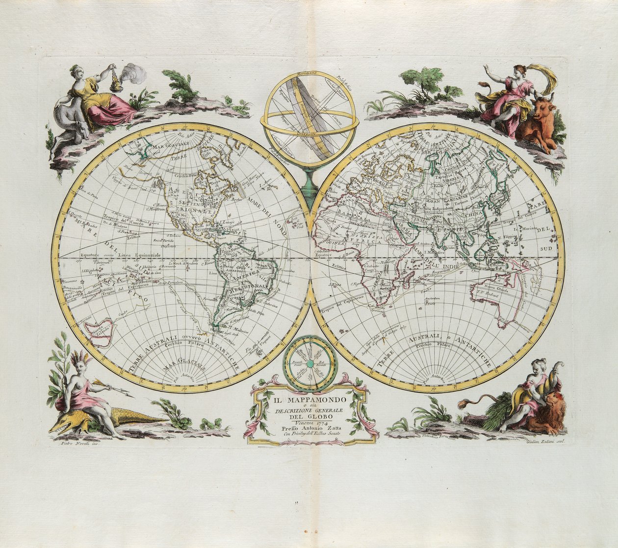 विश्व मानचित्र और ग्लोब का एक सामान्य विवरण, 1774 में वेनिस में एंटोनियो ज़ट्टा द्वारा प्रकाशित नवीनतम एटलस के टोम I से लिया गया। द्वारा जी। जुलियानी