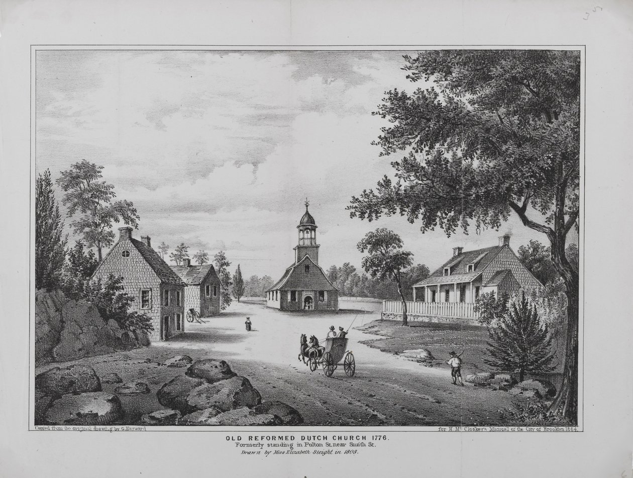 1776 में पुराना सुधारित डच चर्च, 1808 में मिस एलिजाबेथ स्लीट द्वारा खींचा गया, ब्रुकलिन शहर के एच। मैकक्लोस्कीज़ मैनुअल के लिए छपा, 1864 द्वारा हेवर्ड के बाद जी