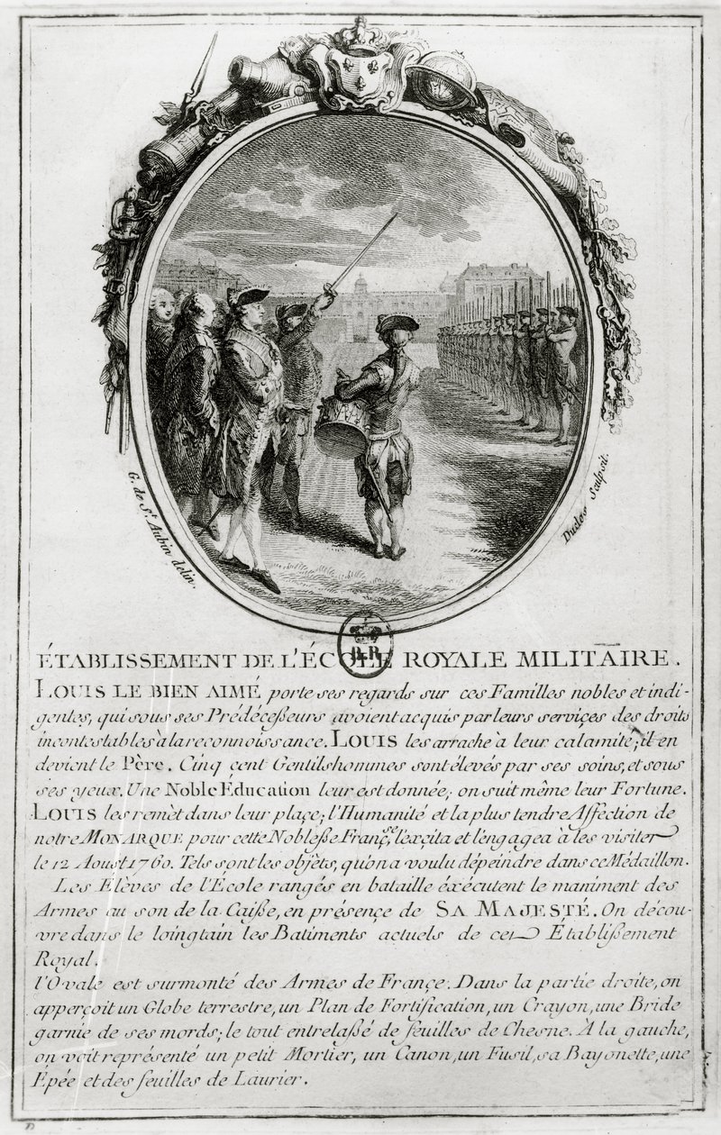 लुई XV (1710-74) पेरिस में इकोले मिलिट्री का दौरा, 12 अगस्त 1760, एंटोनी डिक्लोस द्वारा उत्कीर्ण (1742-97) द्वारा गेब्रियल डी सेंट औबिन