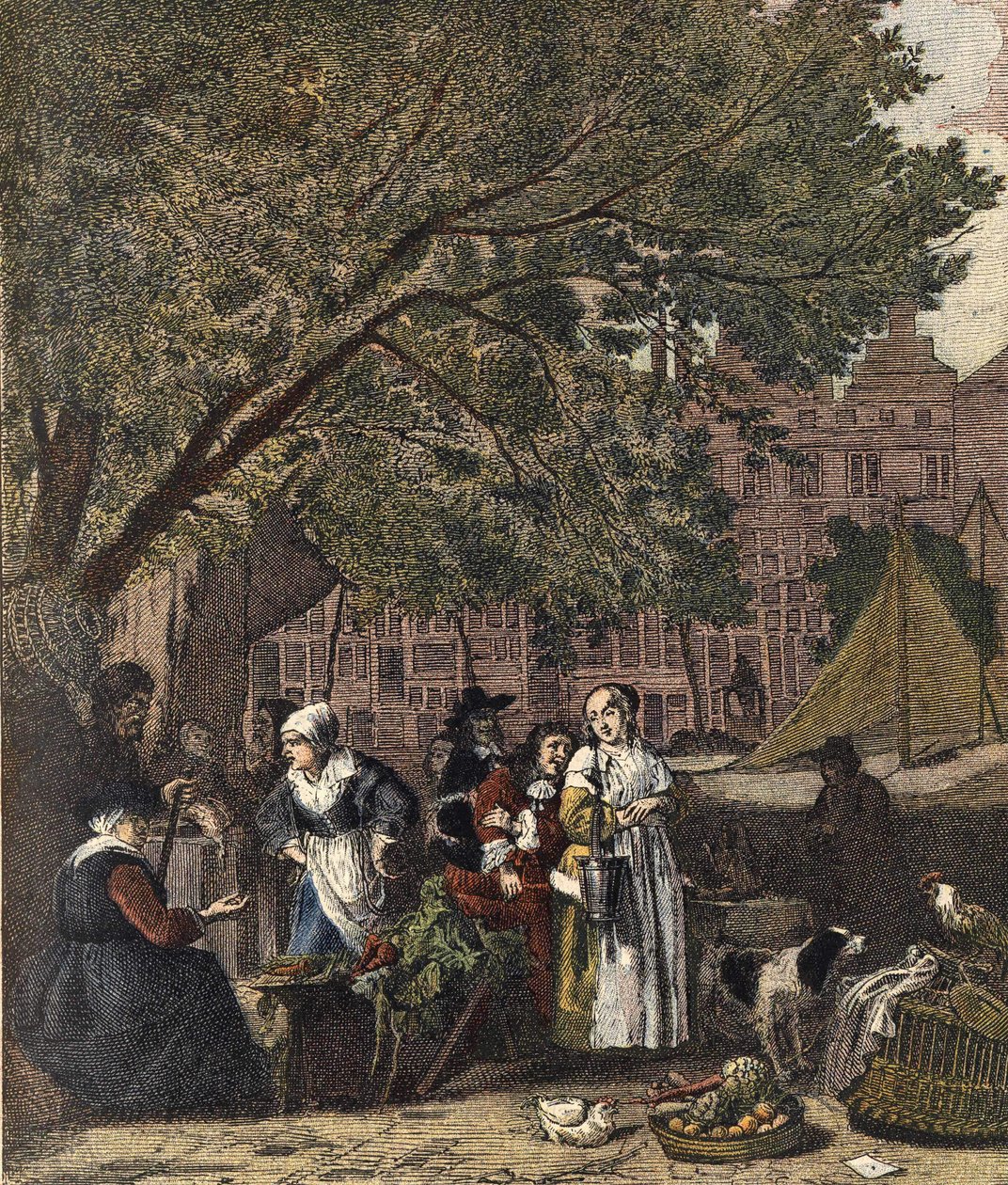 एम्स्टर्डम हर्ब मार्केट। गेब्रियल मेत्सु (1629-1667) की पेंटिंग के बाद 19वीं शताब्दी की नक्काशी। द्वारा गेब्रियल (बाद) मात्सु