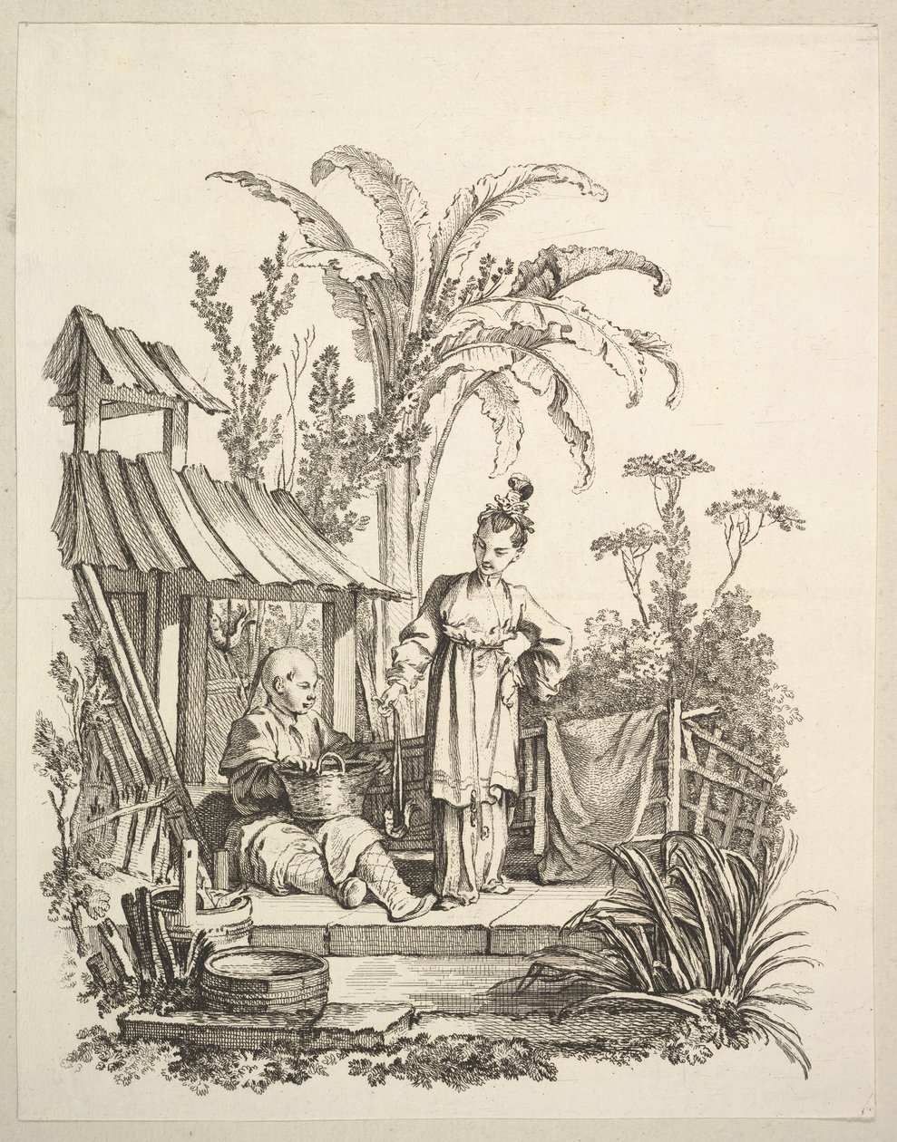 एक बैठा हुआ चीनी आदमी और एक महिला मछली पकड़ना, ca. 1742। द्वारा गेब्रियल ह्यूक्वियर