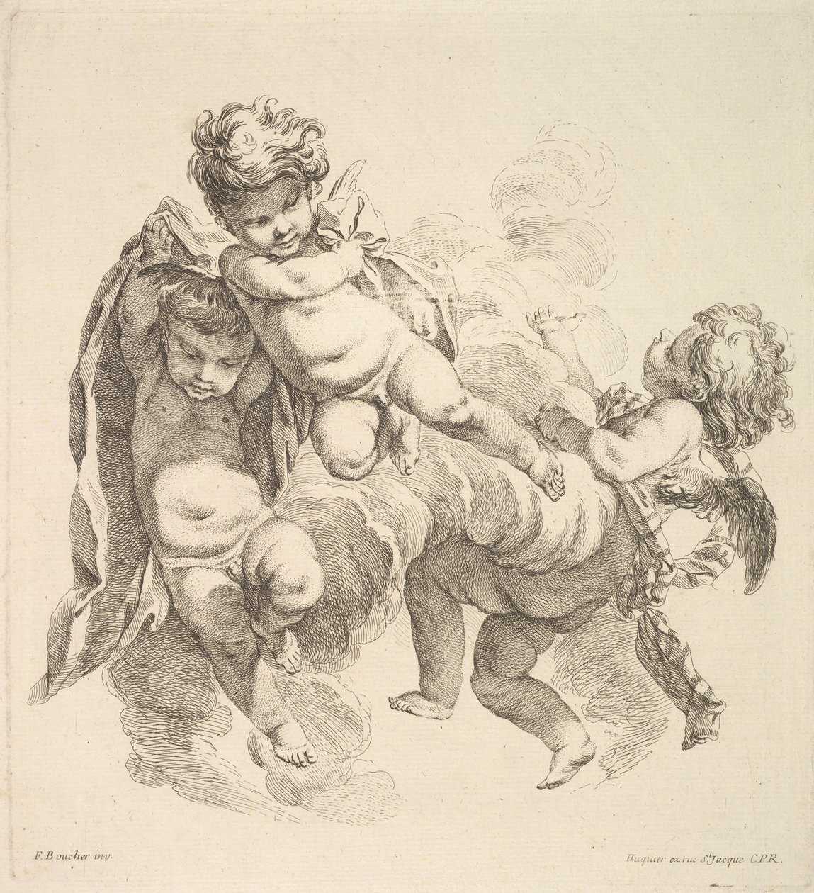 बादलों के बीच तीन बच्चे एक चिलमन लेकर, 1738-45। द्वारा गेब्रियल ह्यूक्वियर