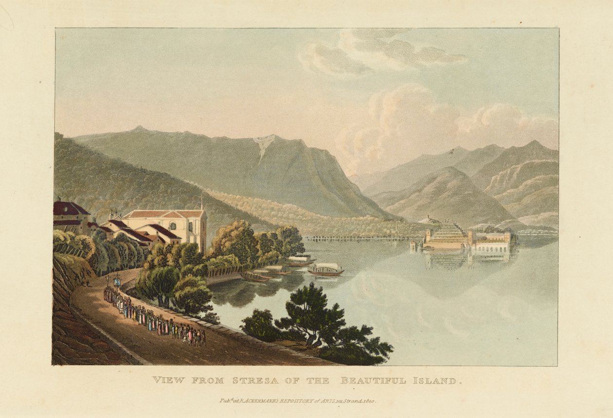 1820 से पहले सुंदर द्वीप इसोला बेला, मैगीगोर झील के स्ट्रेसा से देखें। द्वारा गेब्रियल लुडविग लॉरी