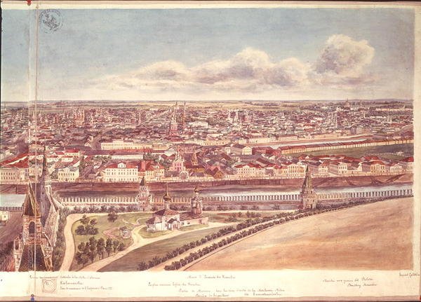 मॉस्को का पैनोरमा, क्रेमलिन दीवारों और मोस्कवा नदी का चित्रण, 1819 (कागज पर wc) (देखें 170139-170145) द्वारा Gadolle