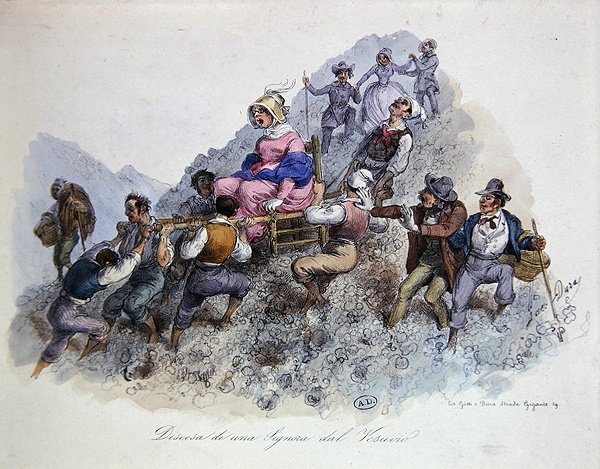 माउंट वेसुवियस से उतरता हुआ एक पर्यटक, c.1830 (कलर लिथो) द्वारा गेटानो (बाद में) ड्यूरा