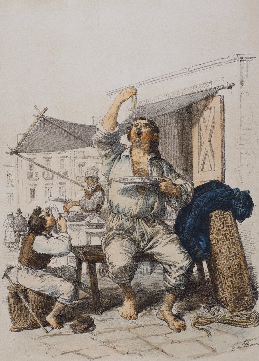 मैंगिया मैककारोनी (पास्ता खाने वाले), गेटानो ड्यूरा (1805-1878), उत्कीर्णन, इटली द्वारा द्वारा गीतो दुरा