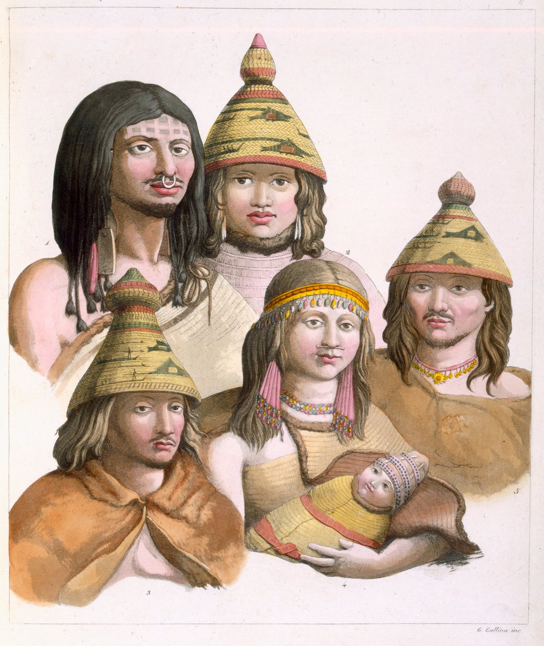 उत्तर पश्चिम अमेरिका में हेडड्रेस का विवरण (रंग उत्कीर्णन) द्वारा गैलो गैलीना