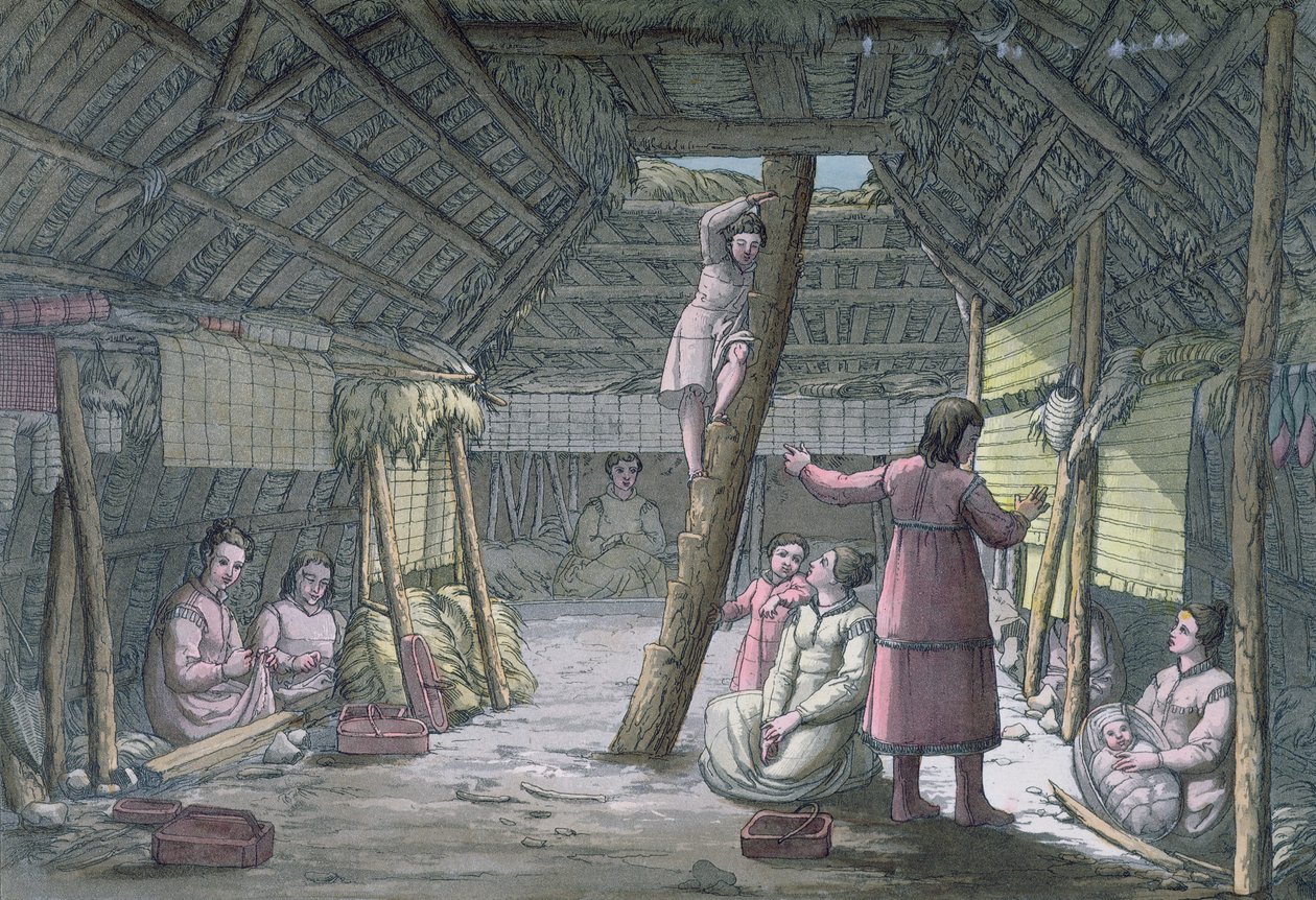 यूनलास्का में एक घर का इंटीरियर, जूल्स कैरियो द्वारा &39;ले कॉस्टयूम Ancien कहां मॉडर्न&39; से चित्रण, प्रकाशित; घ मिलान में c.1820 (रंग उत्कीर्णन) द्वारा गैलो गैलीना