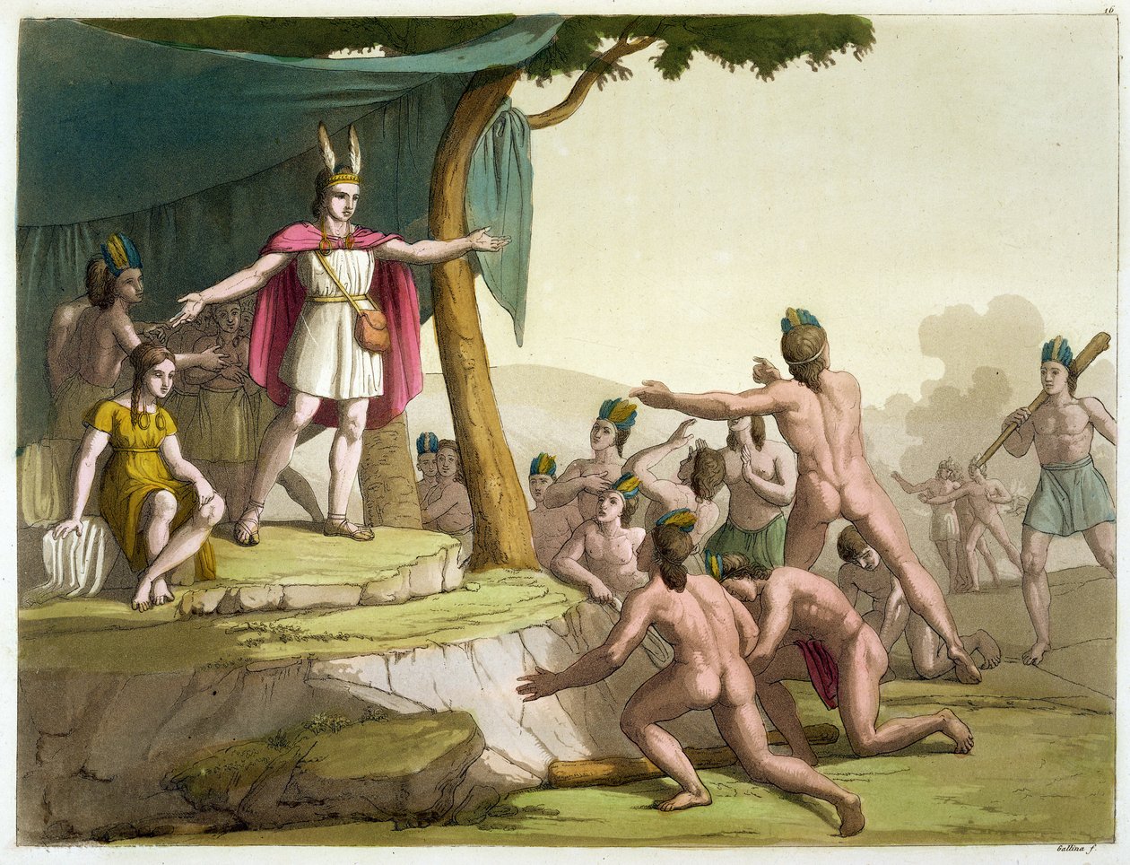 जूल्स फेरारियो द्वारा किंग मैन्को कैपैक और क्वीन कोया मामा को &39;ले कॉस्ट्यूम एंसन एट मॉडर्न&39;, वॉल्यूम I, प्लेट 16 से श्रद्धांजलि प्राप्त हुई, c.18s-30s (रंग उत्कीर्णन) प्रकाशित द्वारा गैलो गैलीना