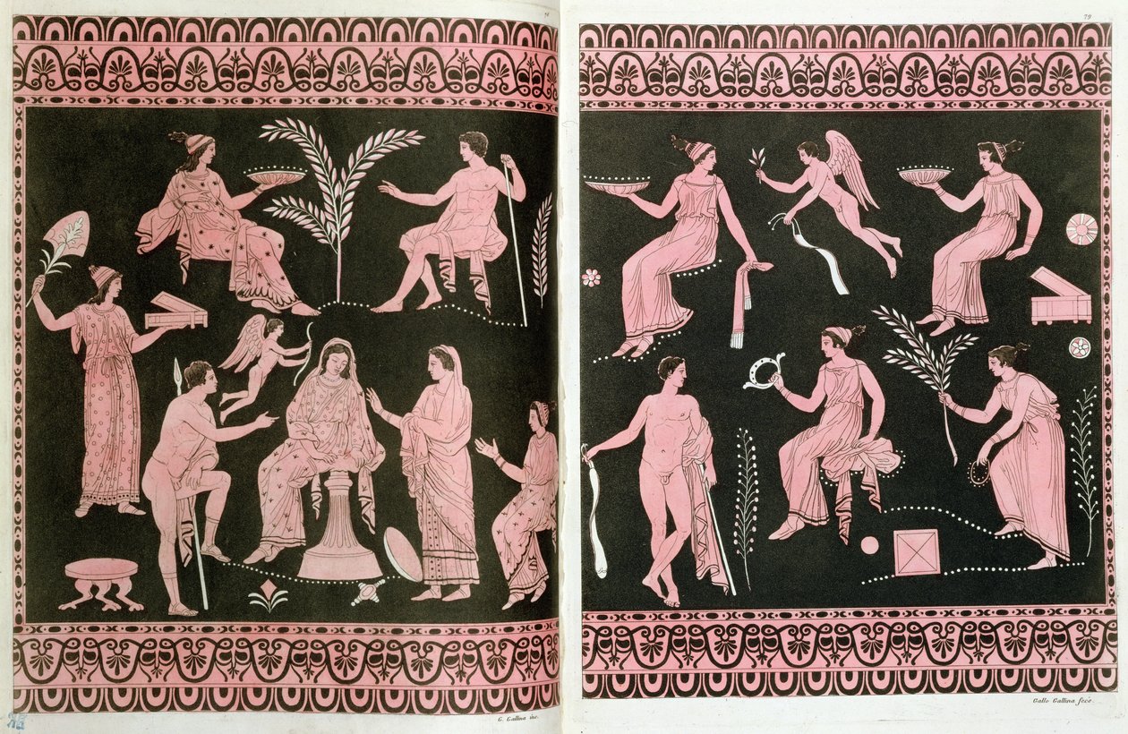 जे। फेरारियो, मिलान, 1819 (रंग उत्कीर्णन) द्वारा &39;ले कॉस्टयूम Ancien et Moderne&39; से ग्रीक प्राचीन वस्तुओं के बाद, एल्युसिनियन रहस्यों में दीक्षा का दृश्य द्वारा गैलो गैलीना