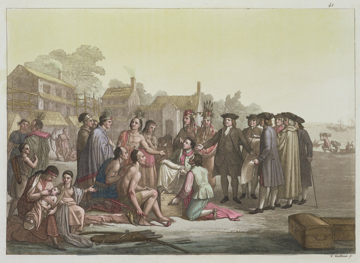 विलियम पेन ने पेंसिल्वेनिया की नींव रखने के लिए &39;ले कॉस्ट्यूम एंसन एट मॉडर्न&39;, वॉल्यूम I, प्लेट 41 से जूल्स फेरेरियो द्वारा संधि पर बातचीत की, c.1820-30s (रंग उत्कीर्णन) प्रकाशित किया। द्वारा गैलो गैलीना