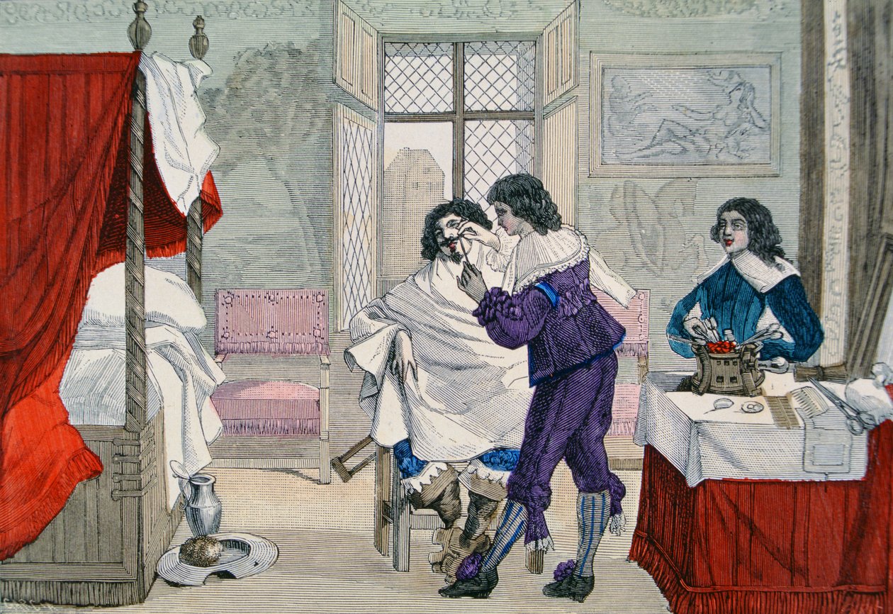 लुइस XIII (1601-43) के समय में एक नाई की दुकान का इंटीरियर &39;कॉस्ट्यूम डे पेरिस ए ट्रैवर्स लेस सीकल्स&39; एड से। रॉय, 1887 (रंग उत्कीर्णन) प्रकाशित द्वारा गार्सिया
