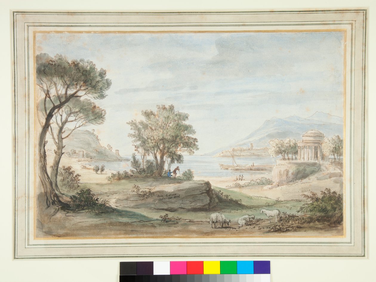 एक गोल मंदिर (कलम और भूरे रंग की स्याही और रंगीन राख) के साथ लैंडस्केप द्वारा गैस्पर वान विटेल