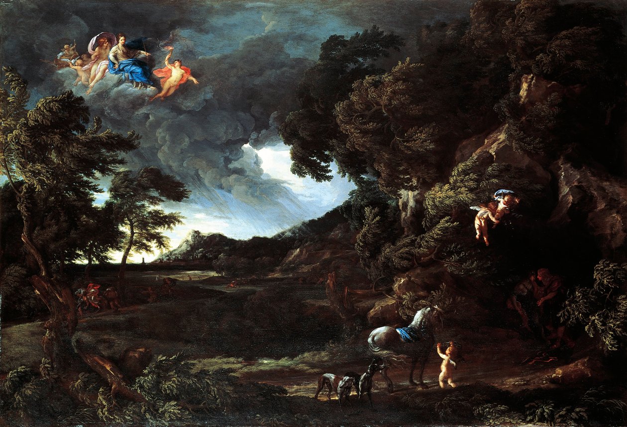 दीडो और एनीस के संघ के साथ लैंडस्केप, c.1664-48 (कैनवास पर तेल) द्वारा Gaspard Poussin and Maratta या Maratti Carlo Dughet