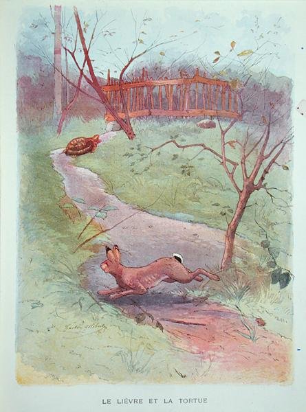 हरे और कछुआ, जीन डे ला फॉनटेन द्वारा दंतकथाओं से चित्रण (1621-95) 20 वीं सदी की शुरुआत में द्वारा गैस्टन जेल्बर्ट